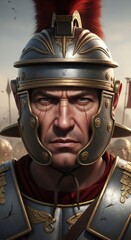 Naklejka premium Male roman centurion in battle armor, close-up. Ancient history and military concept. Fierce warrior on the battlefield.