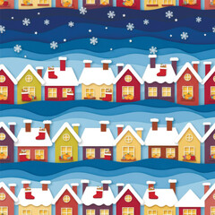 Obraz premium vector illustration of colorful winter houses with snow-covered roofs and starry night sky. Paper cutout style , Christmas wrapping paper, fabric design, festive backgrounds. Vector illustration
