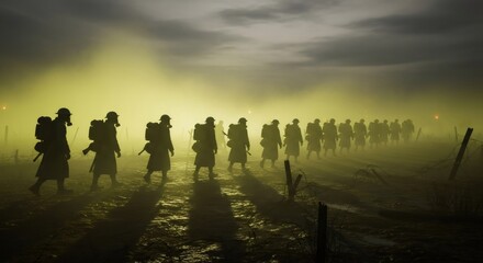 Soldiers marching in a line through a battlefield covered in yellow gas and barbed wire during wartime, wearing gas masks for protection.