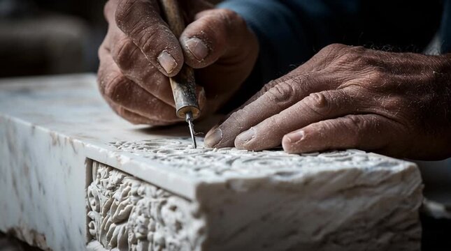 A tight, cinematic shot of a sculptor&rsquo;s hands carving intricate details into marble with a chisel and hammer &mdash; flying dust, tactile texture, focused craftsmanship.
