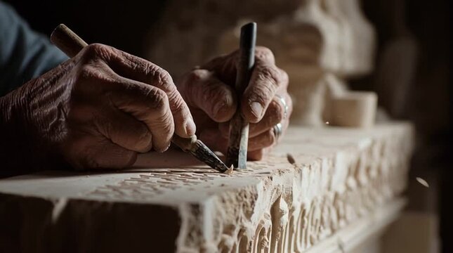 A tight, cinematic shot of a sculptor&rsquo;s hands carving intricate details into marble with a chisel and hammer &mdash; flying dust, tactile texture, focused craftsmanship.
