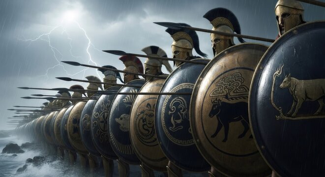 Spartan army of warrior men in formation holding spears and shields by the stormy sea, ready for battle during a thunderstorm with lightning.