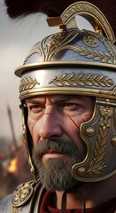 Man warrior in ancient roman helmet with battle scars, looking intensely into distance. Face of a veteran soldier with a beard. Gladiator during war.