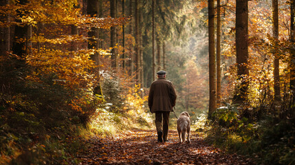 Senior man and dog walking through a vibrant autumn forest path, enjoying peaceful outdoor activity