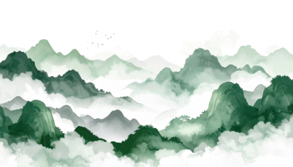 Misty mountain range, painted in soft greens and whites