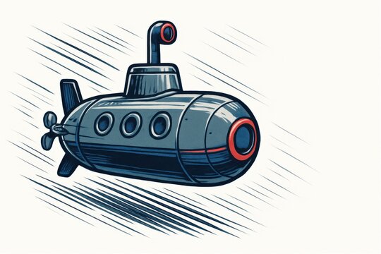 Stylized illustration of a submarine with red and navy details, drawn with bold motion lines and dynamic shading.