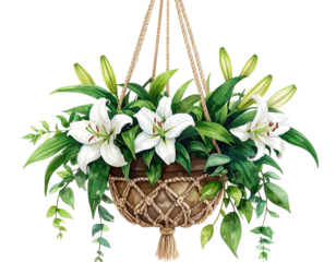 Hanging planter with white lilies and greenery