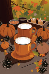 Hot drink, cosy autumn coffee drink, with orange pumpkins and cinnamon, orange pumpkins, wooden rustic background.
