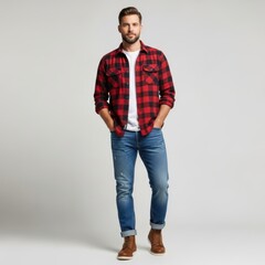 Stylish man in plaid shirt and jeans confidently posing indoors with subtle grey background