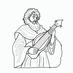Medieval Minstrel Performing Traditional Music with Lute in Historical Black and White Line Art Illustration