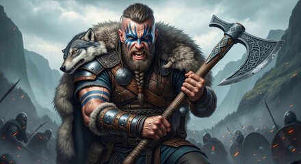 Barbarian man in fur and armor holding an axe with a wolf on his shoulder, ready for war. Concept of strength, battle, and ancient warrior.