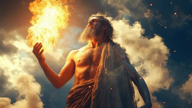 Prometheus fire bearer: mythic figure, ancient legend, blazing flame, divine spark, heroic titan, sacred symbol, eternal light, celestial element, burning gift, powerful force, glowing ember,
