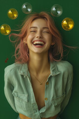 A young woman with soft pink waves and a mint green shirt laughs joyfully with shiny bubbles around her. Light-hearted fashion portrait with warmth and natural styling.