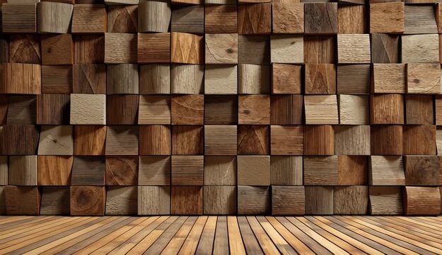 brown wooden wall with a pattern of wooden squares, resembling brickwork
