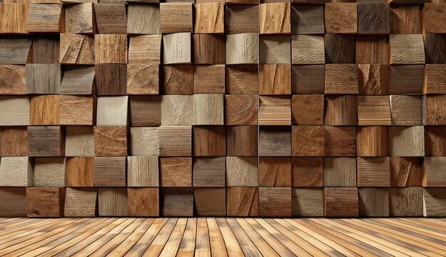 brown wooden wall with a pattern of wooden squares, resembling brickwork

