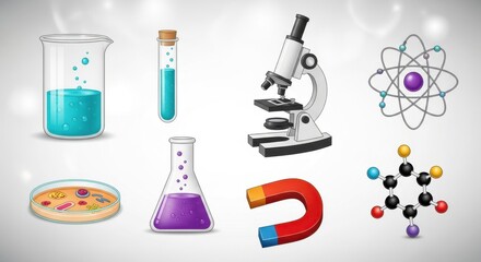 Collection of scientific equipment and molecules illustrating chemistry biology and physics concepts