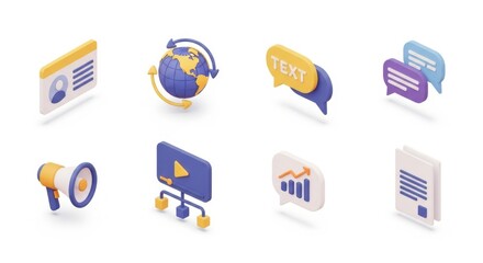 Digital marketing icons set featuring global communication data analytics and promotion tools