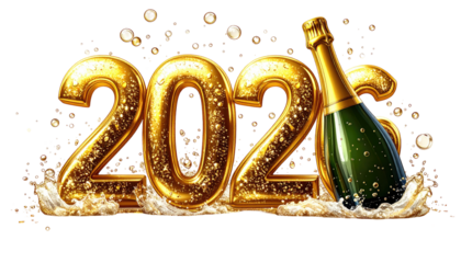 Gold 2023 numerals, champagne bottle, celebratory. Sparkling gold numbers "2023" are set against a backdrop of champagne bubbles and a champagne bottle