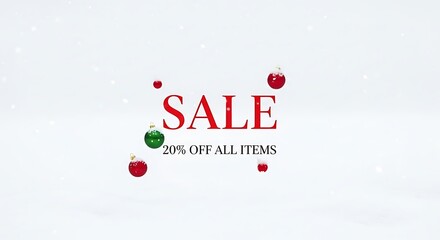 Christmas sale banner with ornaments and snow isolated on white background 20 off all items