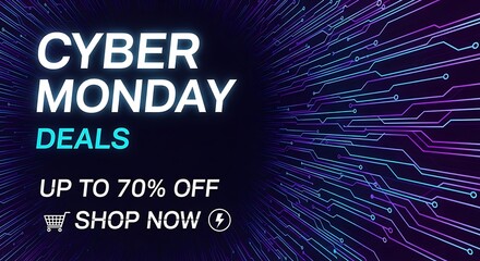 Cyber monday deals up to 70 off shop now promotion banner with circuit background