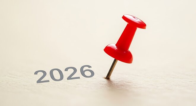 Red push pin marking the year 2026 on a calendar or notice board, planning concept