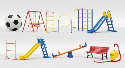 Vibrant playground equipment featuring swings slides and soccer ball for outdoor fun