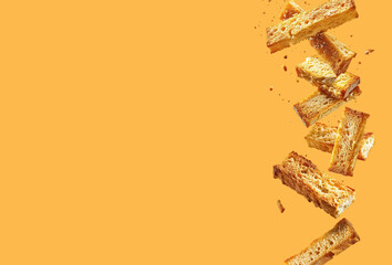 crunchy baked crackers set isolated yellow background. Sample image for package design