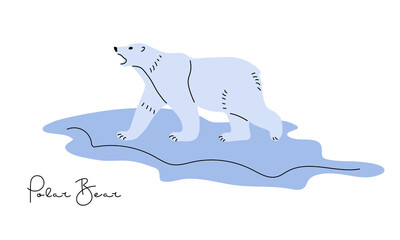 Polar Bear walking on ice floe and growling in middle of Arctic Ocean. Predator hunting. Wildlife conservation. Flat style Vector illustrations. Wild animal of Arctic Circle. Arctic north animal