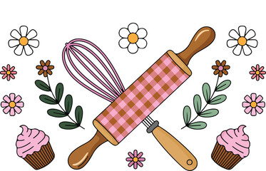 Cute Baking Tools and Cupcakes with Flowers – Colorful Vector Illustration