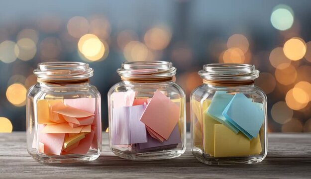 Colorful paper notes in glass jars on wooden table against grey background with blurred lights. Bokeh effect