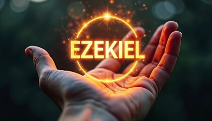 Hand holding glowing "EZEKIEL" text against dark background