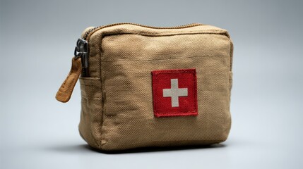 Compact beige first aid kit featuring red cross symbol on zippered fabric case
