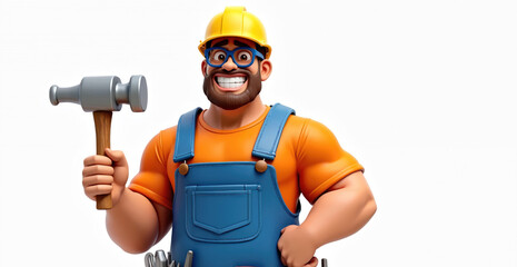 Happy cartoon builder man holds hammer wearing hard hat and overalls. Friendly repairman with tool ready for work. Cheerful worker in bright outfit, construction worker concept.