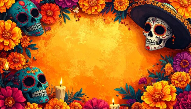 Marco fotográfico inspirado en la Calavera Catrina y el Día de los Muertos. Fondo con colores festivos y vibrantes. Decoraciones con flores de cempasúchil, velas, papel picado y calaveras estilizadas 