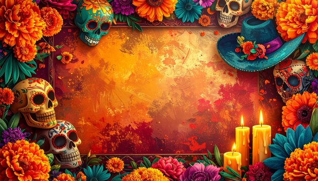 Marco fotográfico inspirado en la Calavera Catrina y el Día de los Muertos. Fondo con colores festivos y vibrantes. Decoraciones con flores de cempasúchil, velas, papel picado y calaveras estilizadas 