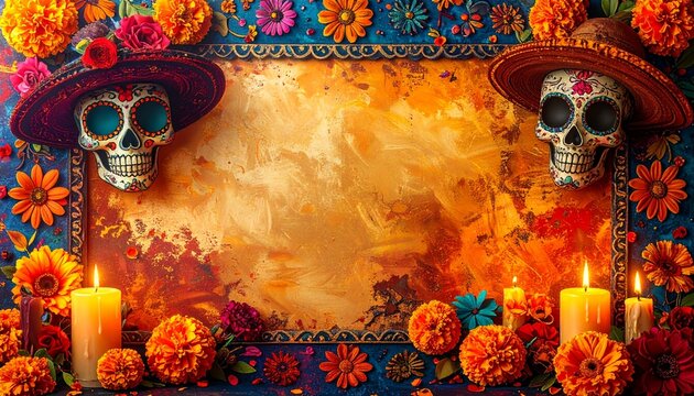 Marco fotográfico inspirado en la Calavera Catrina y el Día de los Muertos. Fondo con colores festivos y vibrantes. Decoraciones con flores de cempasúchil, velas, papel picado y calaveras estilizadas 