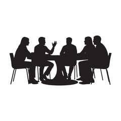 Minimalist Black Silhouettes of People Discussing at Round Table
