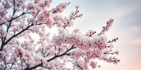 Fototapeta premium Delicate Pink Cherry Blossoms Against a Serene Sky, Symbolizing Spring's Arrival and Renewal