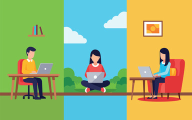 Remote Team Working Online flat style illustration