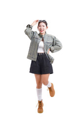 Joyful Travel Companion: A radiant young woman, captured in a vibrant moment, dons stylish travel attire, radiating energy and an infectious love for exploration.