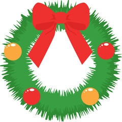 A classic Christmas wreath of pine branches decorated with colored balls and red ribbon bow. Vector image. Transparent background