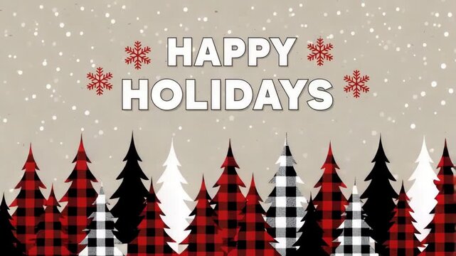 Festive happy holidays greeting card with buffalo plaid trees and snowflakes