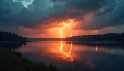 Spectacular sunset over lake. Dramatic sky with lightning flashes above water. Majestic natural scene features bright colours reflected in lake surface. Lightning strikes near forest.
