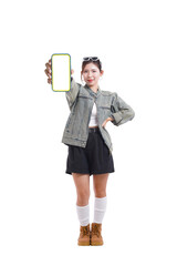 Modern Showcase: A confident individual is holding a modern smartphone with a vibrant display, dressed in a stylish ensemble, highlighting the possibilities of the device. 