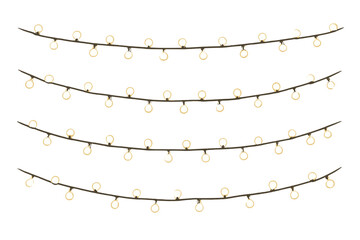 Christmas lights string garland set on transparent background. Glowing lamps for holiday decoration. Festive party, celebration, Xmas, New Year design element. Vector illustration.