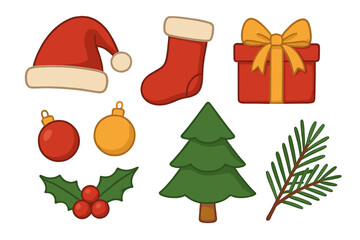 Christmas icon set. Cute cartoon holiday vector collection. Santa hat, gift box, stocking, tree, holly, bauble, pine branch. Winter new year decoration elements isolated.