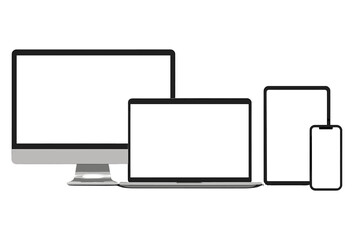 Realistic device mockup set. Computer monitor, laptop, tablet, smartphone with blank white screen. Modern electronic gadgets for responsive web design presentation. Vector template.