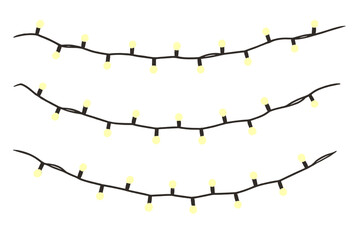 Christmas lights string set on transparent background. Glowing lightbulbs garland vector. Xmas, New Year, party, wedding decoration. Holiday festive border element. Bright lamp.