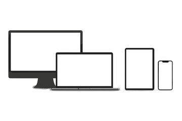 Realistic device mockup set. Computer monitor, laptop, tablet, and mobile phone with empty white screens. Various modern electronic gadgets isolated on white background. Vector.
