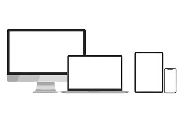 Device mockup set. Realistic computer monitor, laptop, tablet, smartphone with blank white screen. For responsive web design, app UI presentation. Vector electronic gadgets.